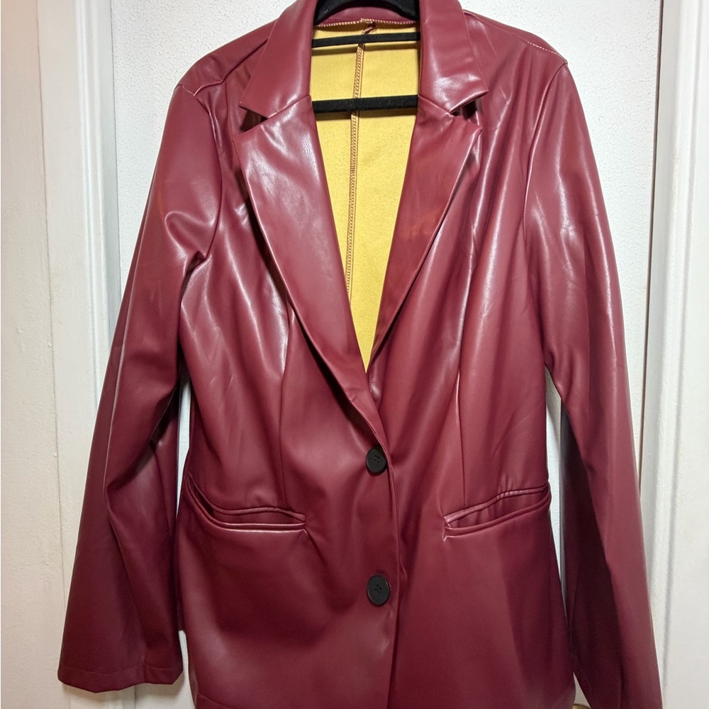 SHEIN Burgundy Faux Leather Blazer Jacket